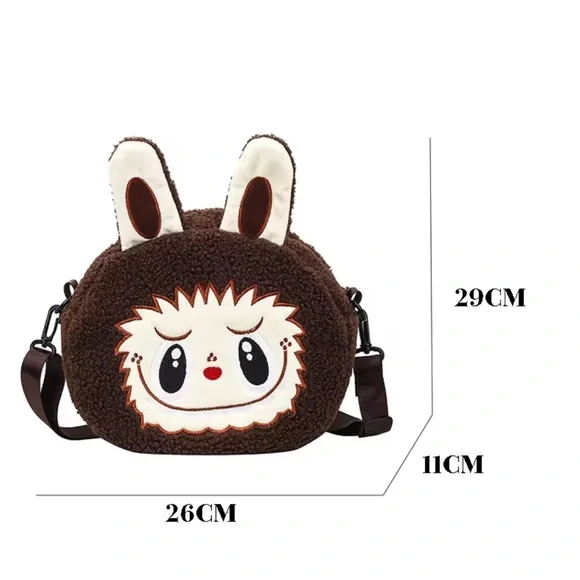 Labubu Inspired Brown Zimomo Theme Fuzzy Crossbody Handbag Purse Character - Picture 8 of 10
